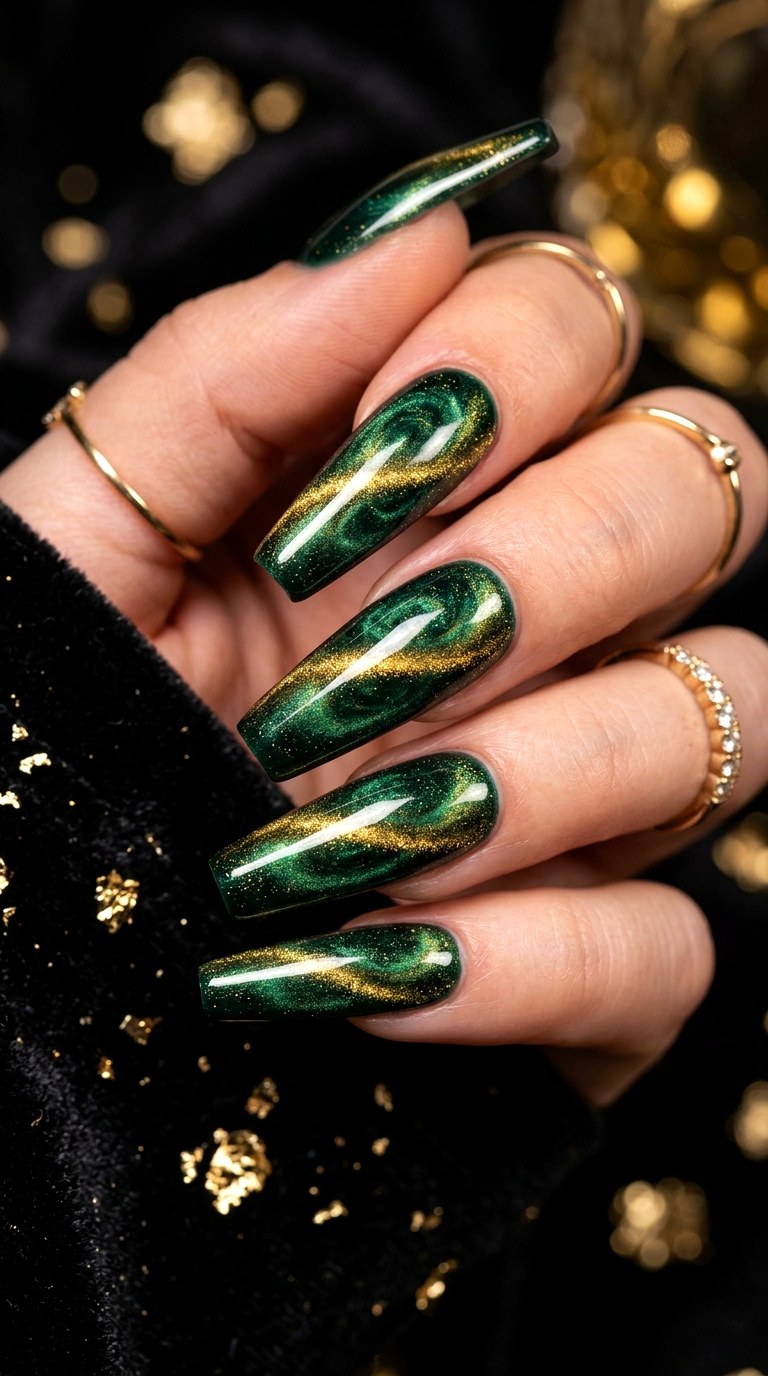Green and Gold Magnetic Elegance - 20 Spring Dual-Tone Magnetic Cat Eye Nails Ideas