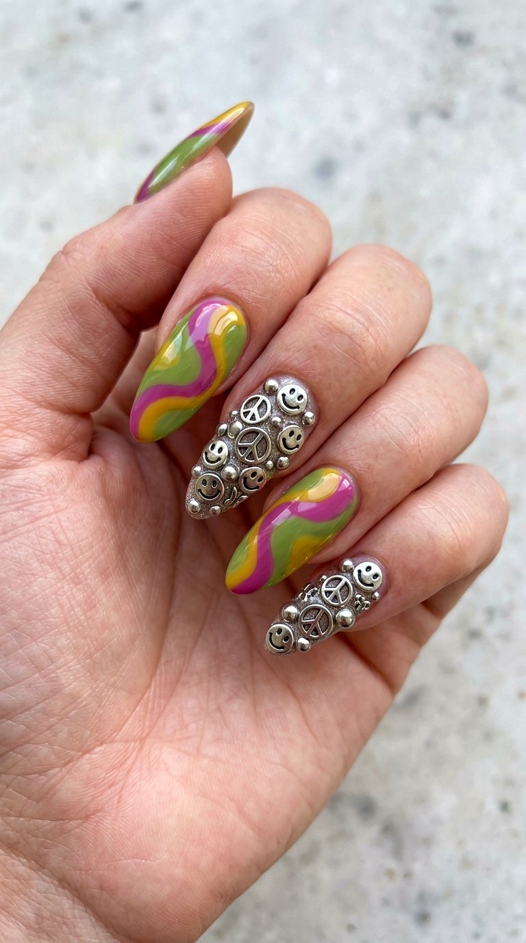 Groovy Swirls and Smiley Faces - 29 Maximalist Spring Colorful Junk Nails