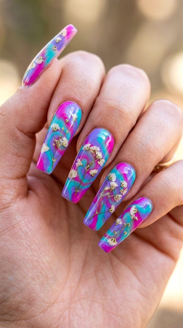 Groovy Tie Dye Pressed Flower Nails - 26 Early Spring Multicolor Acrylic Nails