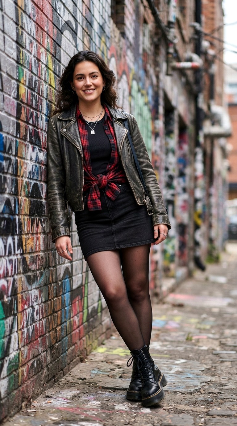 Grunge Plaid Layer - 22 leather jacket outfits women