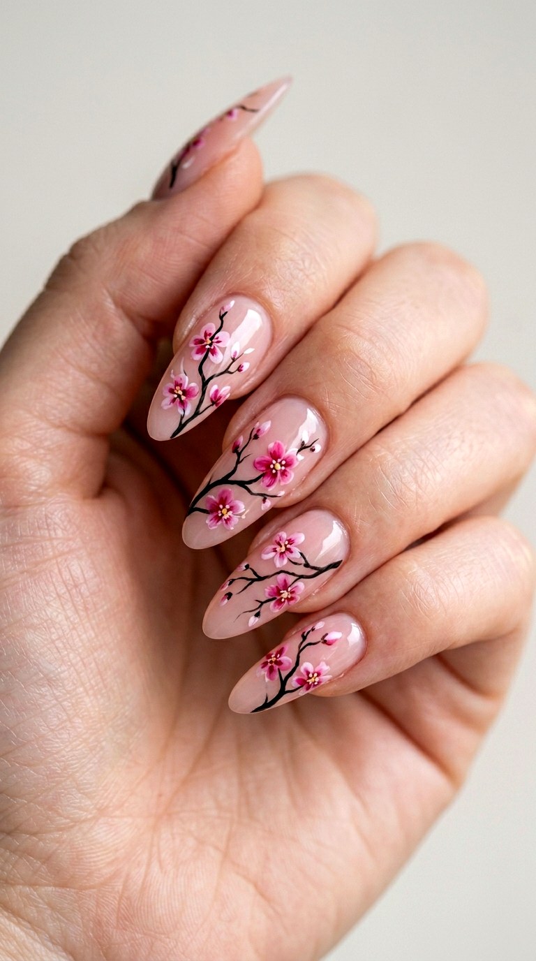 Hand Painted Cherry Blossoms - 24 Fresh Spring Acrylic Nails