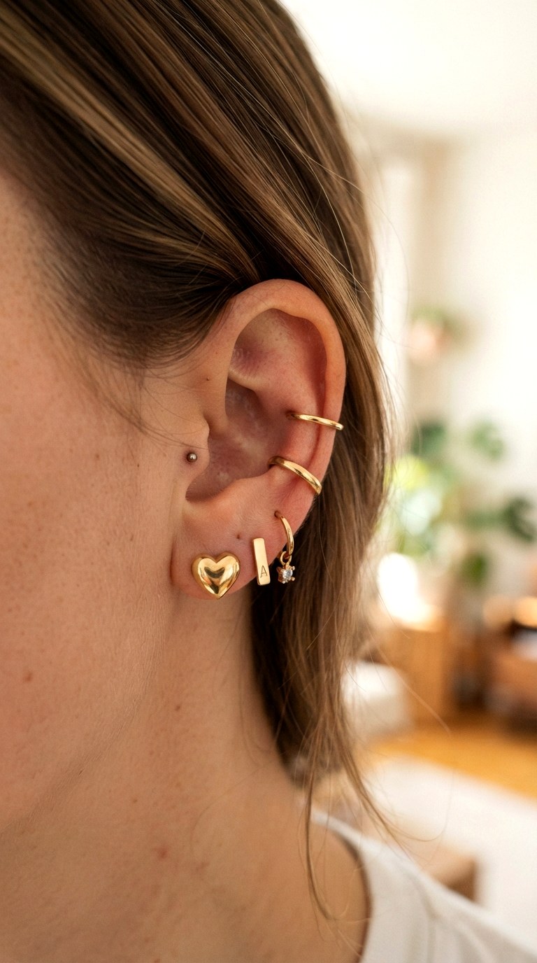 Heart and Initial Sentiment Stack - 20 earring stacks gold 2 holes