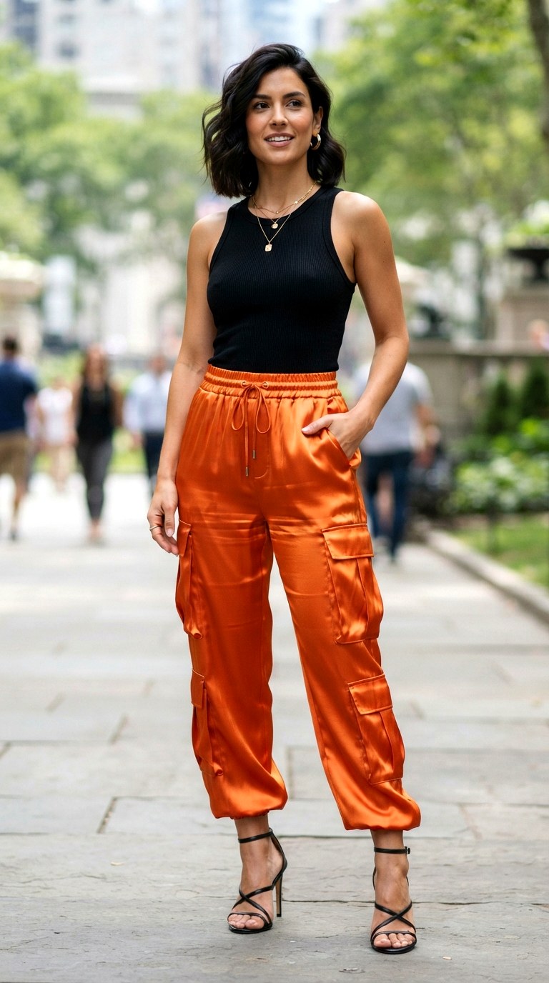 High Shine Satin Cargo Pants - 30 orange pants