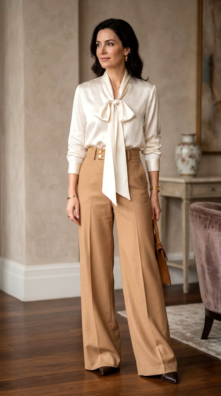 High Waisted Trousers with a Silk Pussy Bow Blouse - 24 business professional outfits for women