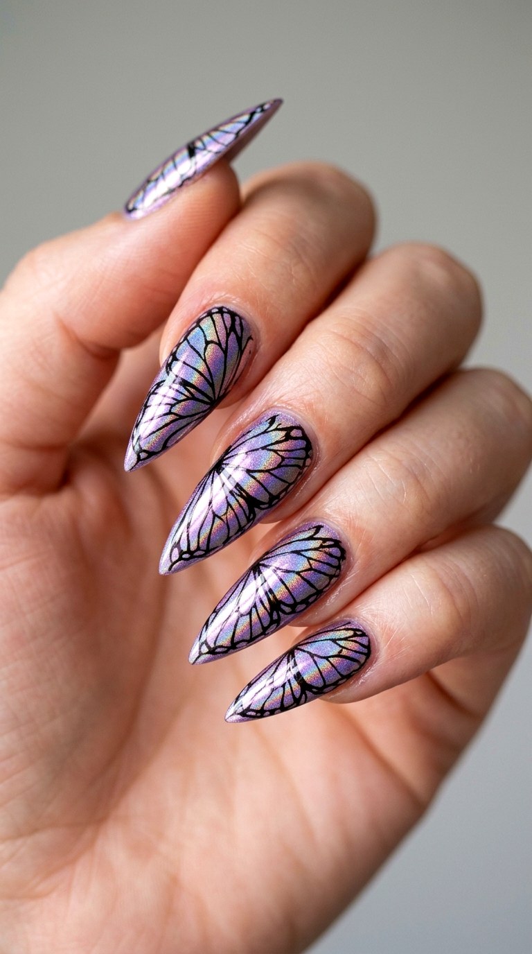 Holographic Butterfly Wings - 28 Botanical Spring Stiletto Nails
