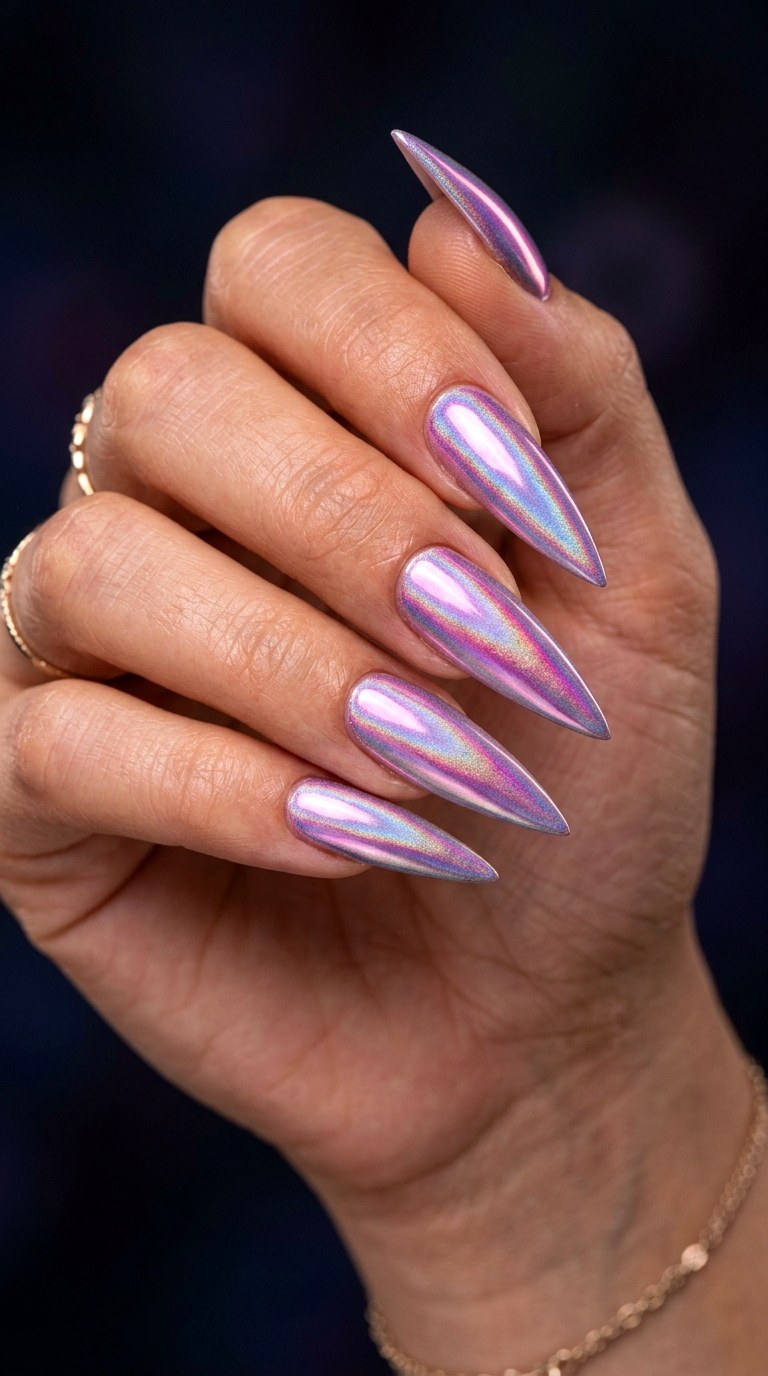 Holographic Chrome Glow - 28 Sharp Spring Stiletto Nails
