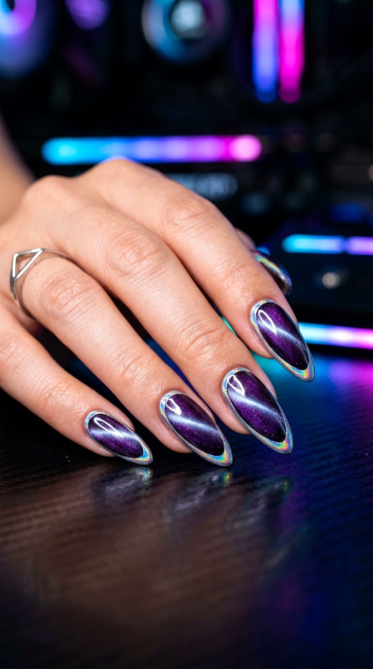 Holographic Chrome Outline with Purple Cat Eye - 22 Summer Chrome Outline Cat Eye Nails Ideas