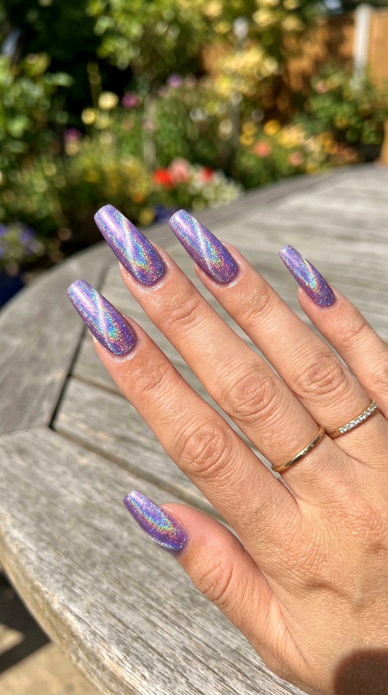Holographic Light Purple Cat Eye Nails - 20 Summer Light Purple Cat Eye Nails Ideas