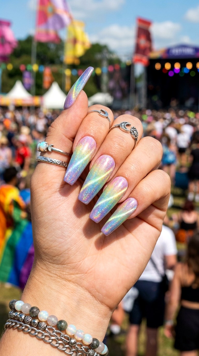 Holographic Pastel Rainbow Cat Eye Nails - 20 Summer Pastel Rainbow Cat Eye Nails Ideas