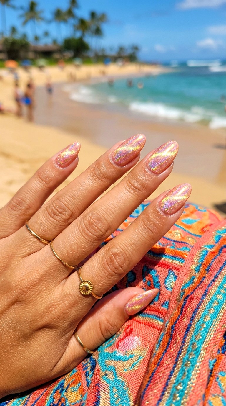 Holographic Peach Cat Eye Glow - 22 Summer Peach Cat Eye Nails Ideas