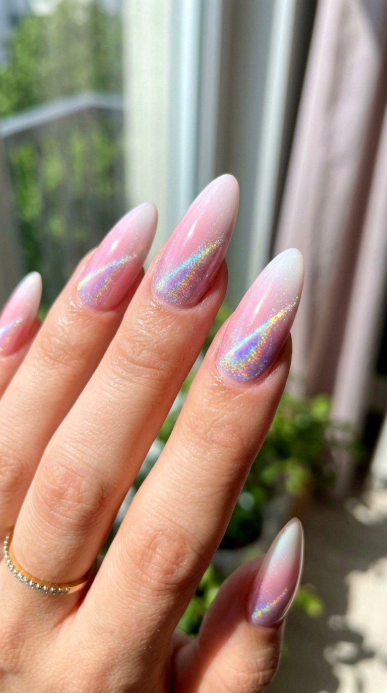 Holographic Pink and White Cat Eye Nails - 20 Spring Pink and White Gradient Cat Eye Nails Ideas