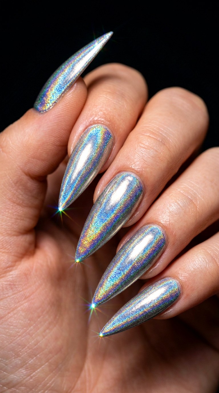 Holographic Prism Burst - 21 Chrome Spring Stiletto Nails