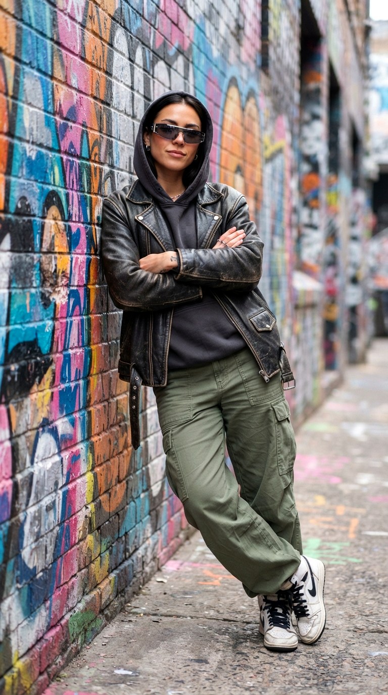 Hoodie Street Style Layering - 29 leather jacket outfit