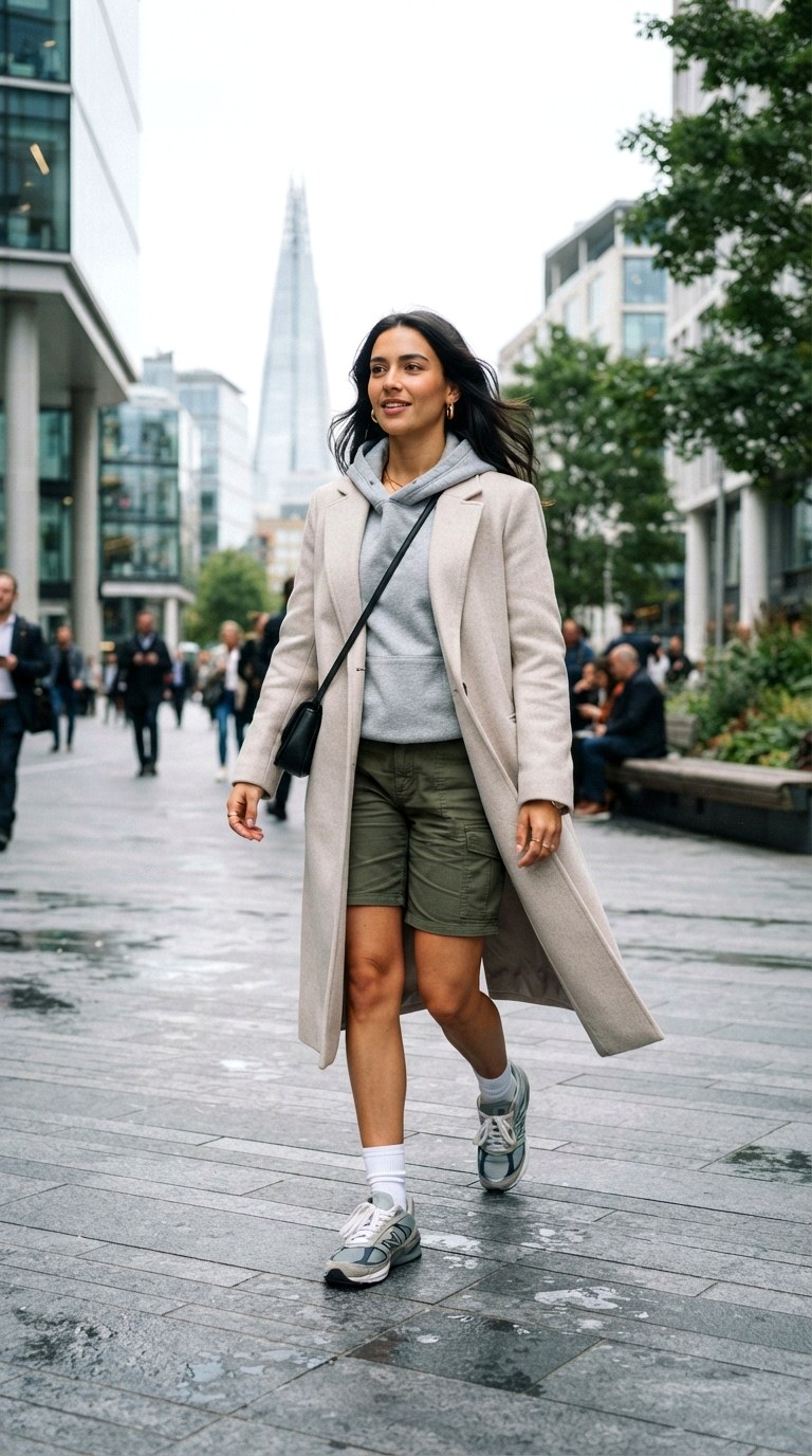 Hoodie Under a Tailored Overcoat With Cargo Shorts - 23 cargo shorts outfit