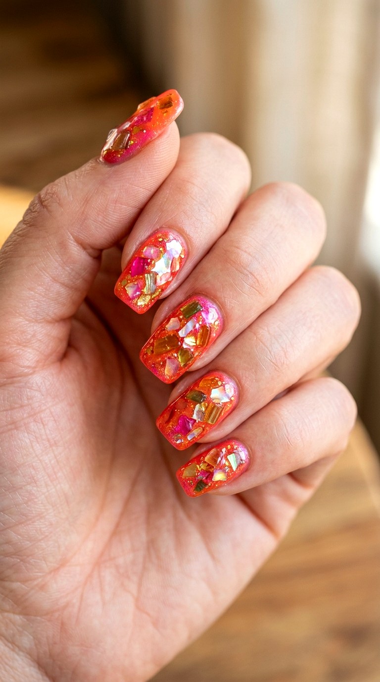 Hot Coral Watermelon Tourmaline Chunks - 24 Eclectic Spring Colorful Junk Nails