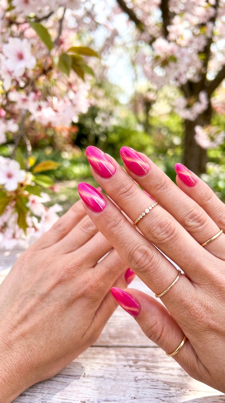 Hot Pink Cat Eye Nails with Gold Shimmer - 20 Spring Pink Cat Eye Nails with Shimmer Line Ideas