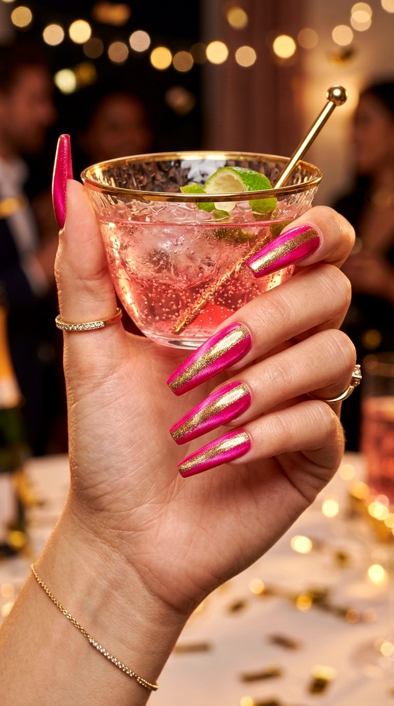 Hot Pink Cat Eye with Bold Gold Shimmer Stripe - 22 Summer Pink Cat Eye Nails with Shimmer Line Ideas