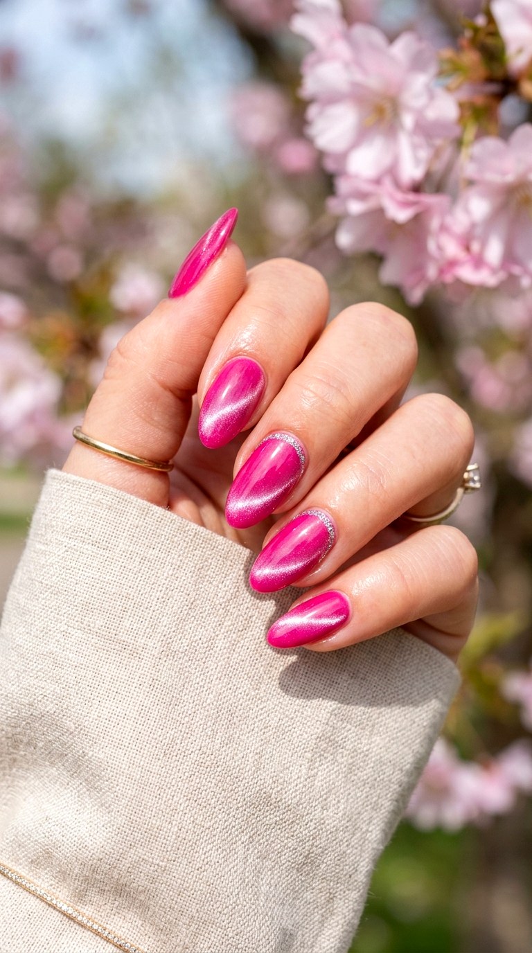 Hot Pink Cat Eye with Glitter Stripe Accent - 20 Spring Pink Cat Eye Nails with Shimmer Line Ideas