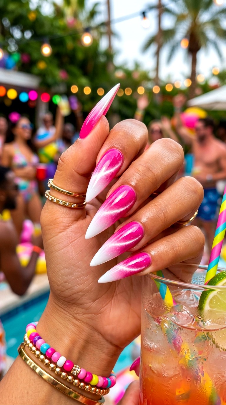 Hot Pink Magnetic Gradient Drama - 21 Summer Pink and White Gradient Cat Eye Nails Ideas