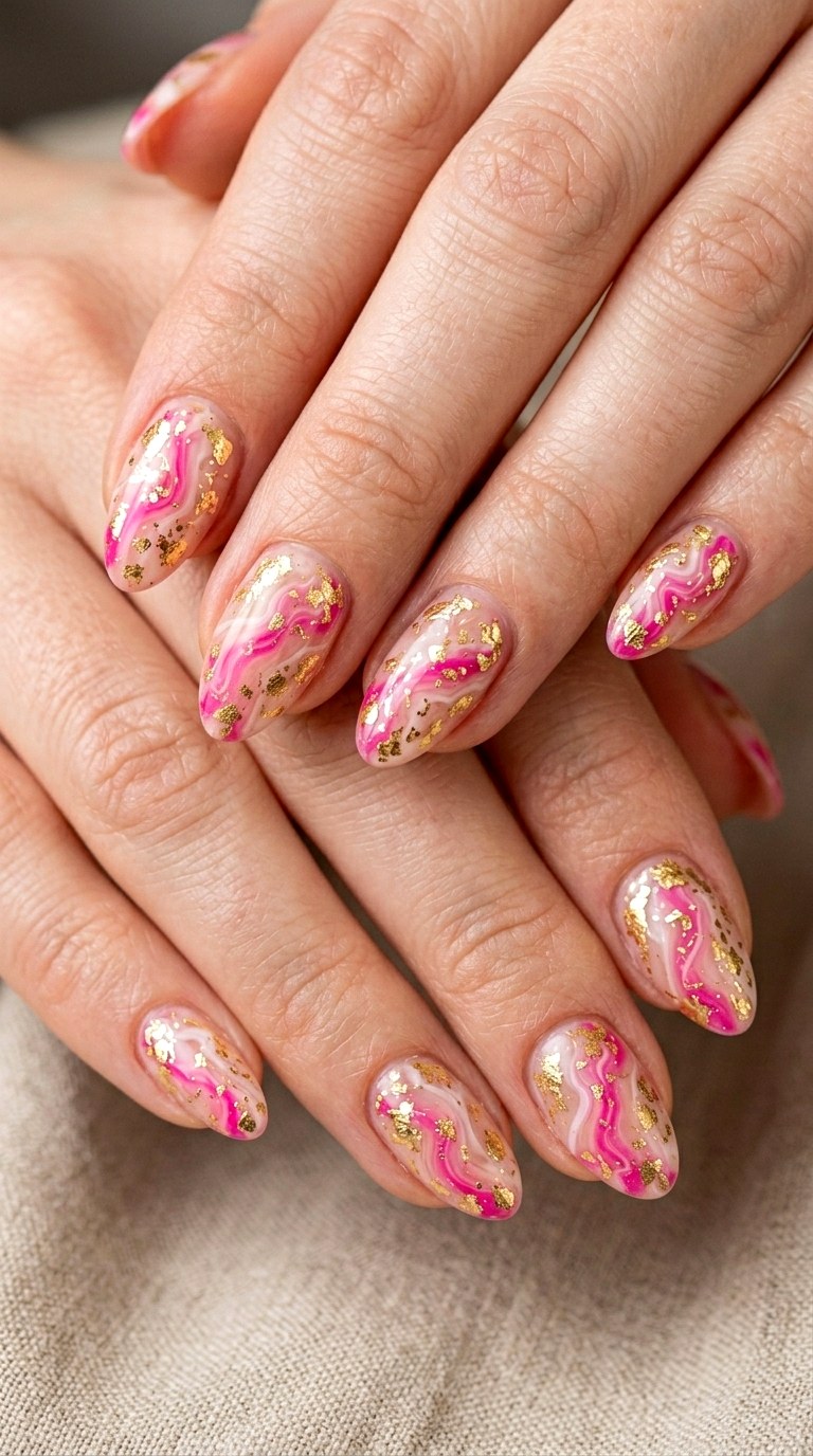 Hot Pink Marble Waves with Gold Foil Accents - 22 Bright Spring Multicolor Acrylic Nails