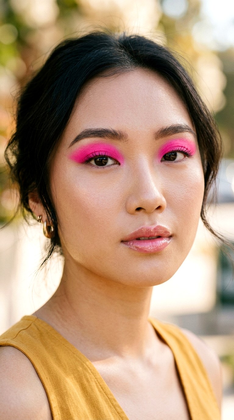 Hot Pink Monolid Sweep - 21 Summer Colorful Eye Makeup 2026 Ideas