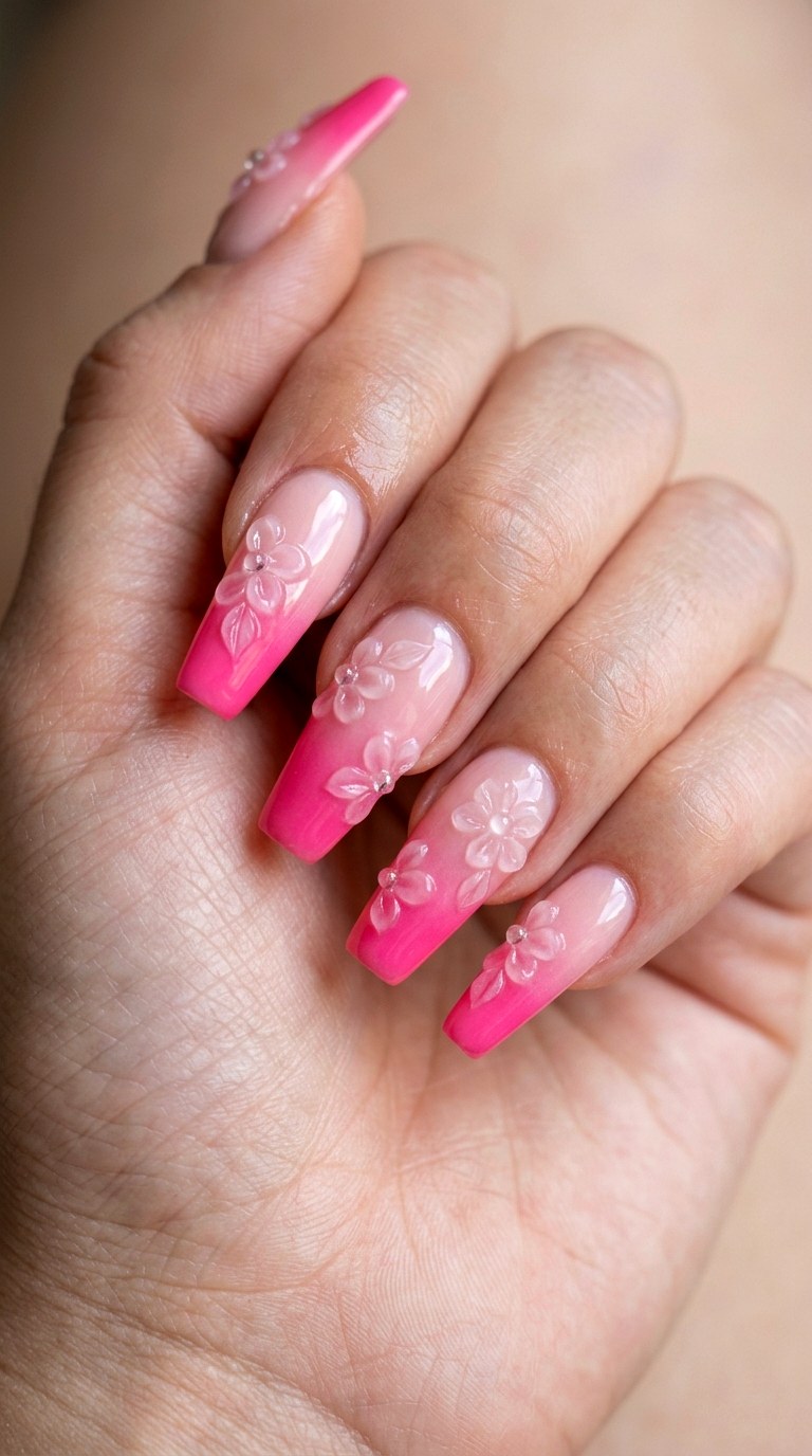 Hot Pink Ombre Floats - 27 Charming Spring Acrylic Nails