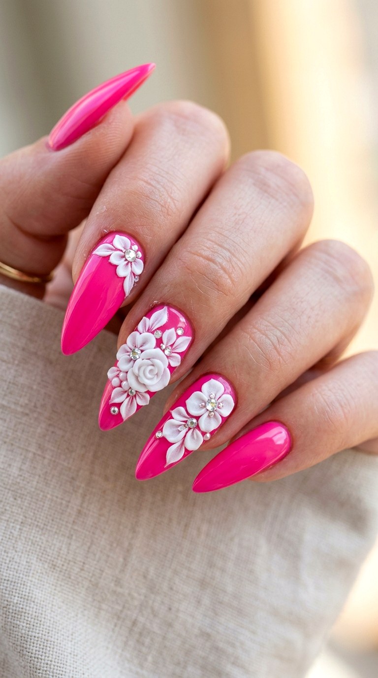 Hot Pink Sculptural Flowers - 27 Fierce Spring Stiletto Nails