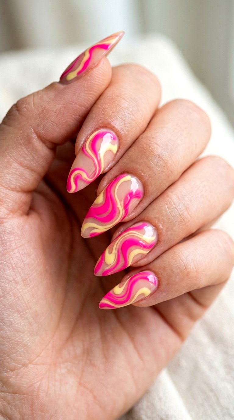 Hot Pink and Butter Yellow Swirl Fantasy - 21 Unique Spring Multicolor Acrylic Nails