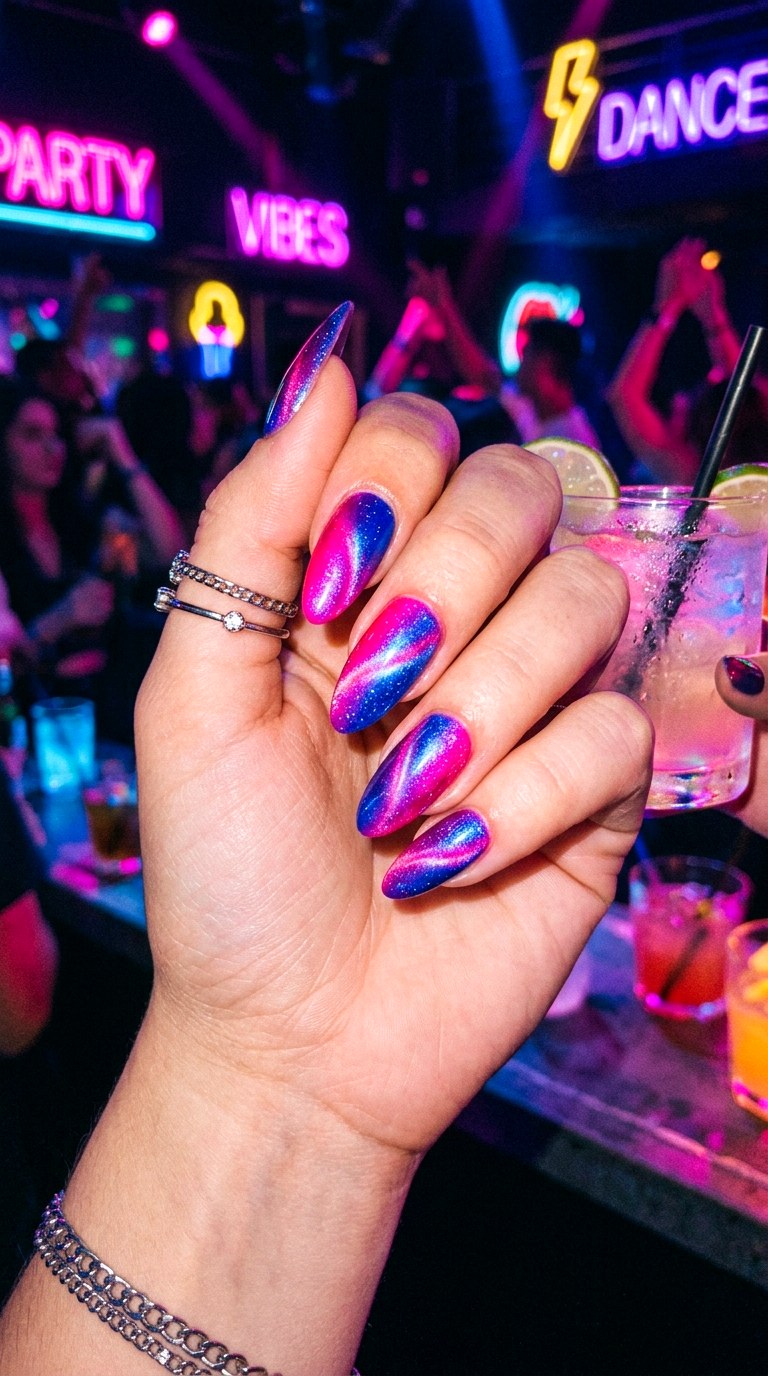 Hot Pink and Electric Blue - 26 Summer Dual-Tone Magnetic Cat Eye Nails Ideas