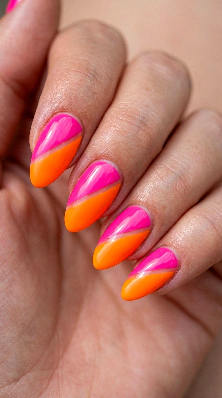 Hot Pink and Neon Orange Color Blocking - 20 Abstract Spring Two Colored Nails