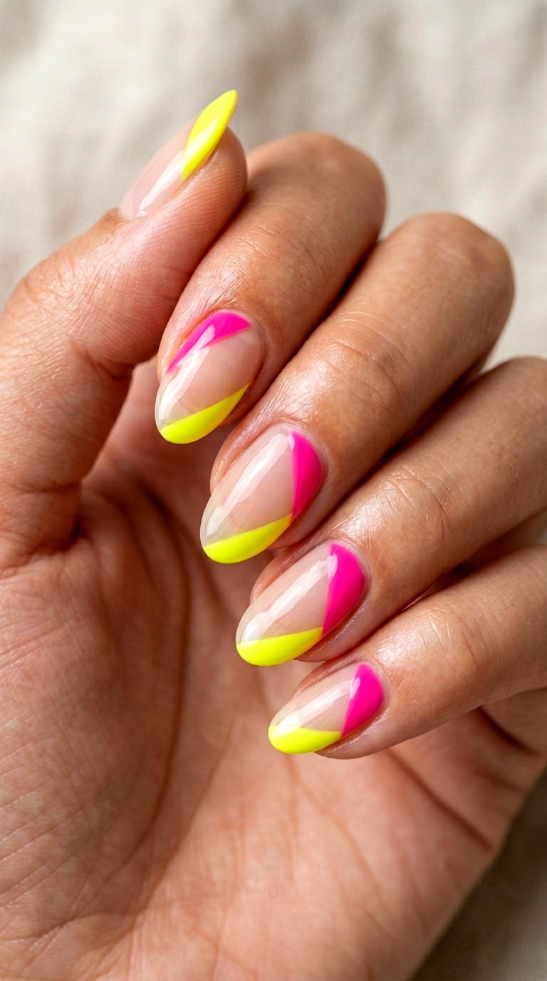 Hot Pink and Neon Yellow Negative Space - 22 Minimalist Spring Two Colored Nails