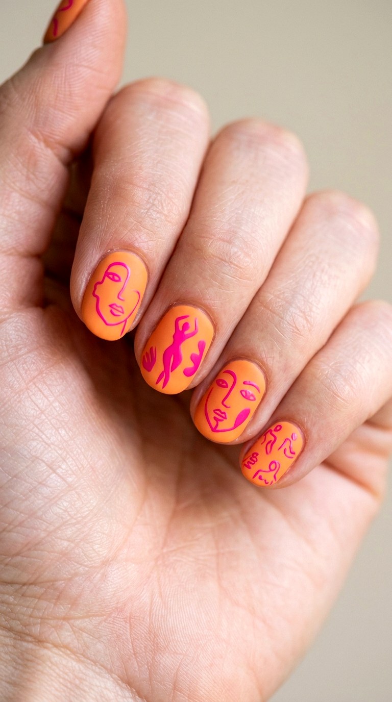 Hot Pink and Tangerine Abstract Faces - 27 Graphic Spring Two Colored Nails