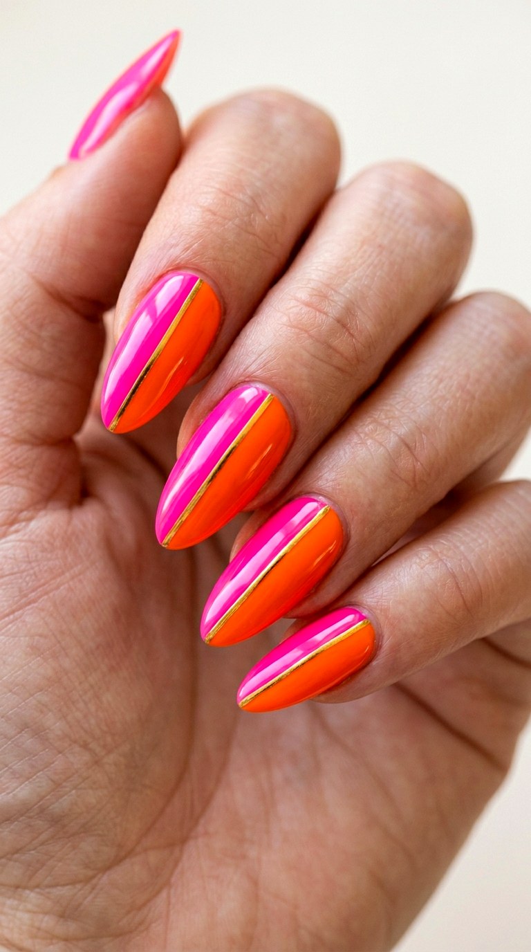 Hot Pink and Tangerine Color Block - 30 Brunch Spring Two Colored Nails