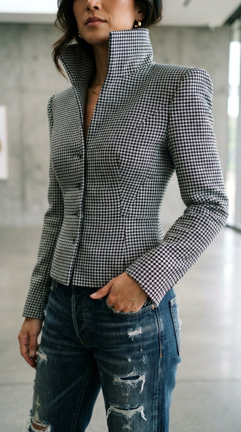 Houndstooth high collar jacket - 30 high collar jacket