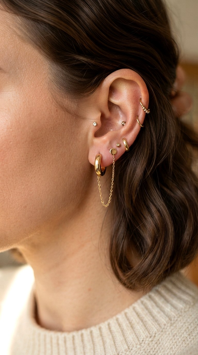 Huggie Connector Chains - 22 gold dangle earrings