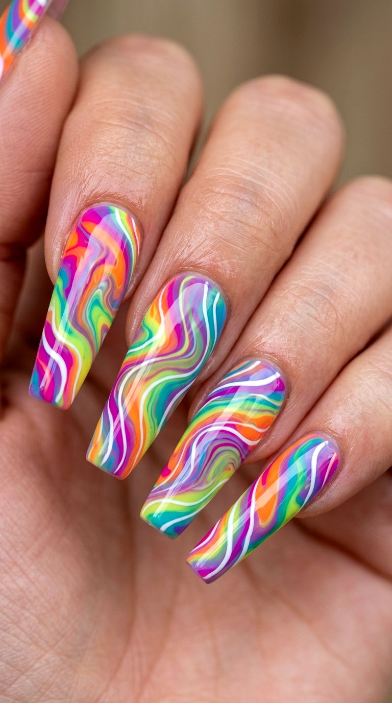 Hypnotic Fluid Marble Swirls - 26 Rainbow Spring Multicolor Acrylic Nails