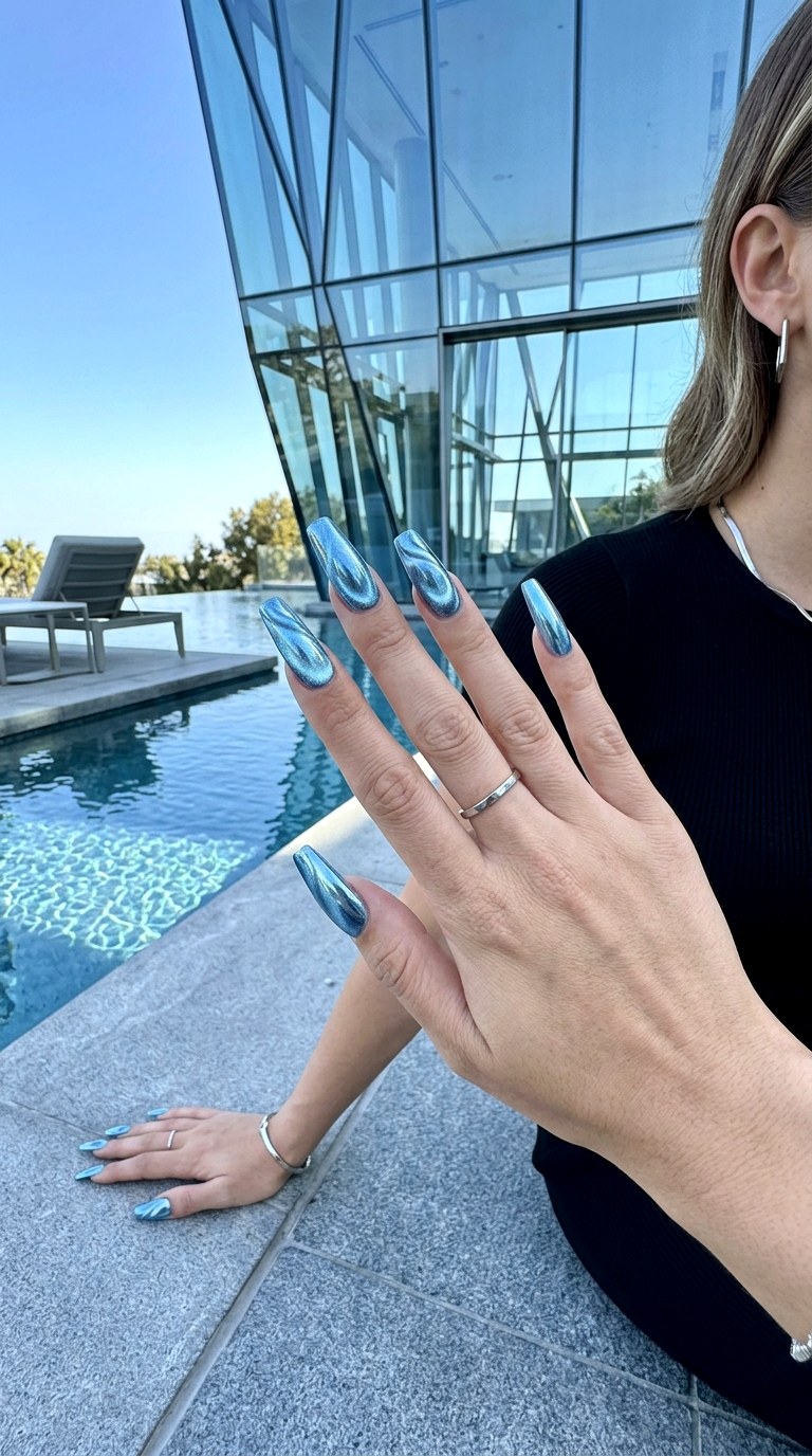 Ice Blue Chrome Swirl Cat Eye - 21 Summer Swirl Cat Eye Nails Ideas