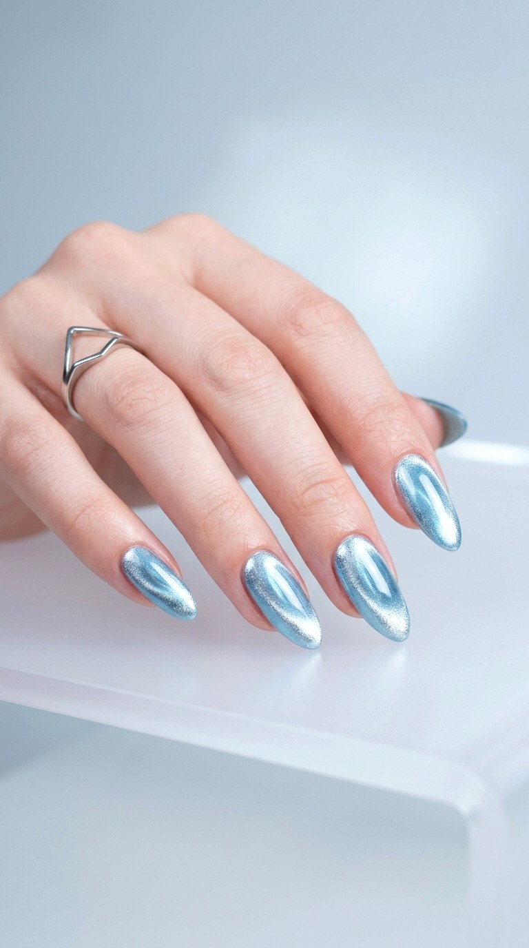 Ice Blue and Silver Chrome - 26 Summer Dual-Tone Magnetic Cat Eye Nails Ideas
