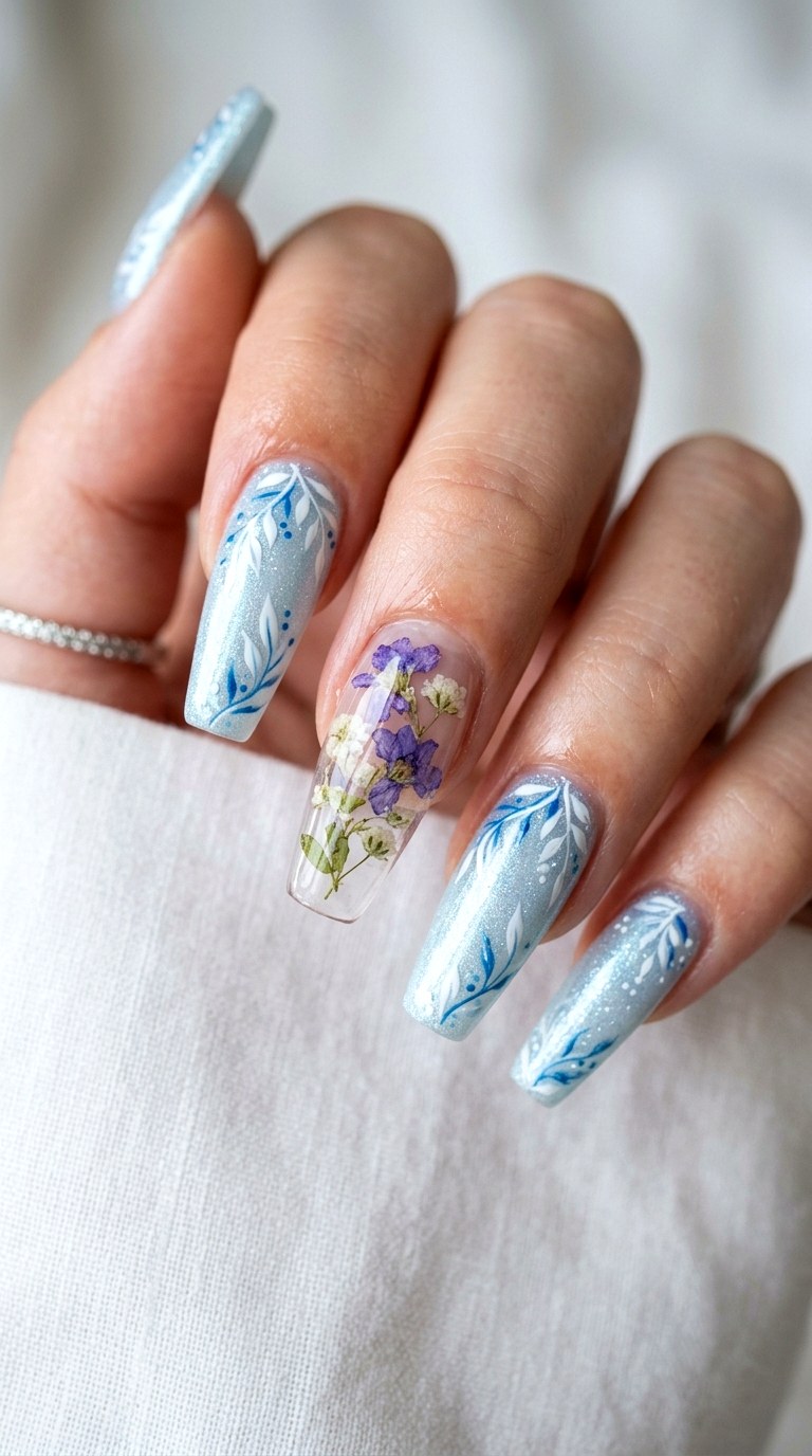Icy Blue Botanical Coffin Nails - 29 Festive Spring Multicolor Acrylic Nails