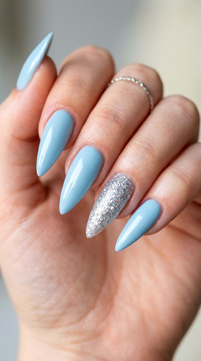 Icy Blue Glitter Accent - 28 Sharp Spring Stiletto Nails
