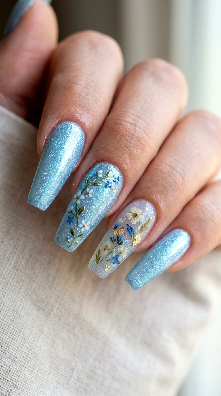 Icy Blue Shimmer with Botanical Accents - 21 Unique Spring Multicolor Acrylic Nails