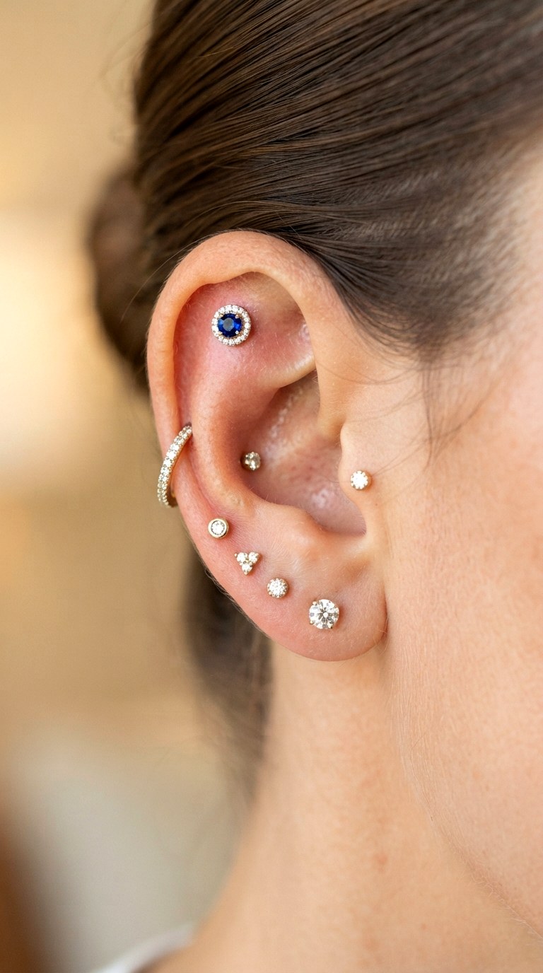Incorporate a Single Pop of Color - 24 diamond earring stack