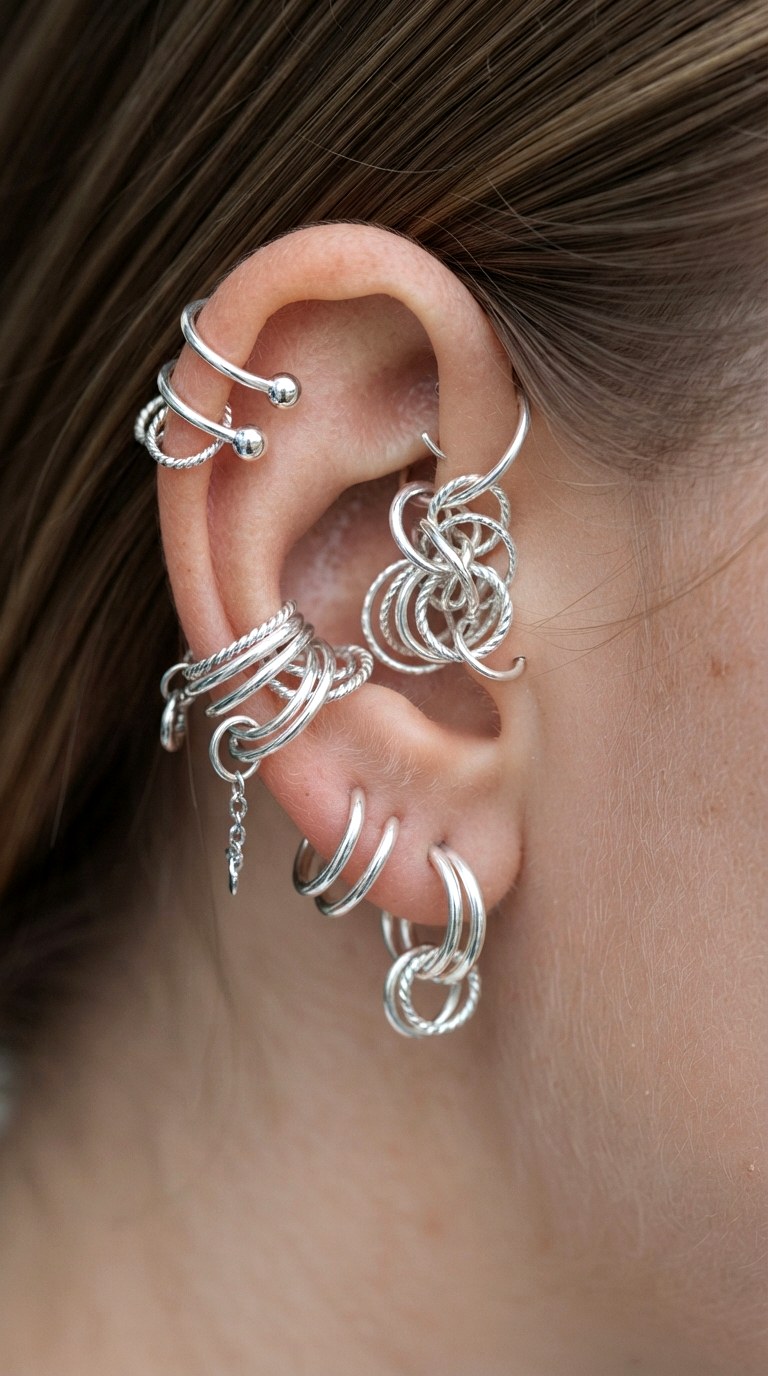 Interlocking Hoops Illusion - 23 earring stacks silver