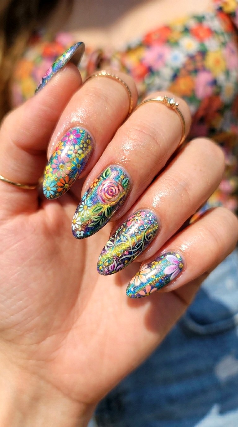 Iridescent Cat Eye Nails with Mixed Floral Art - 22 Summer Glossy Floral Cat Eye Nails Ideas