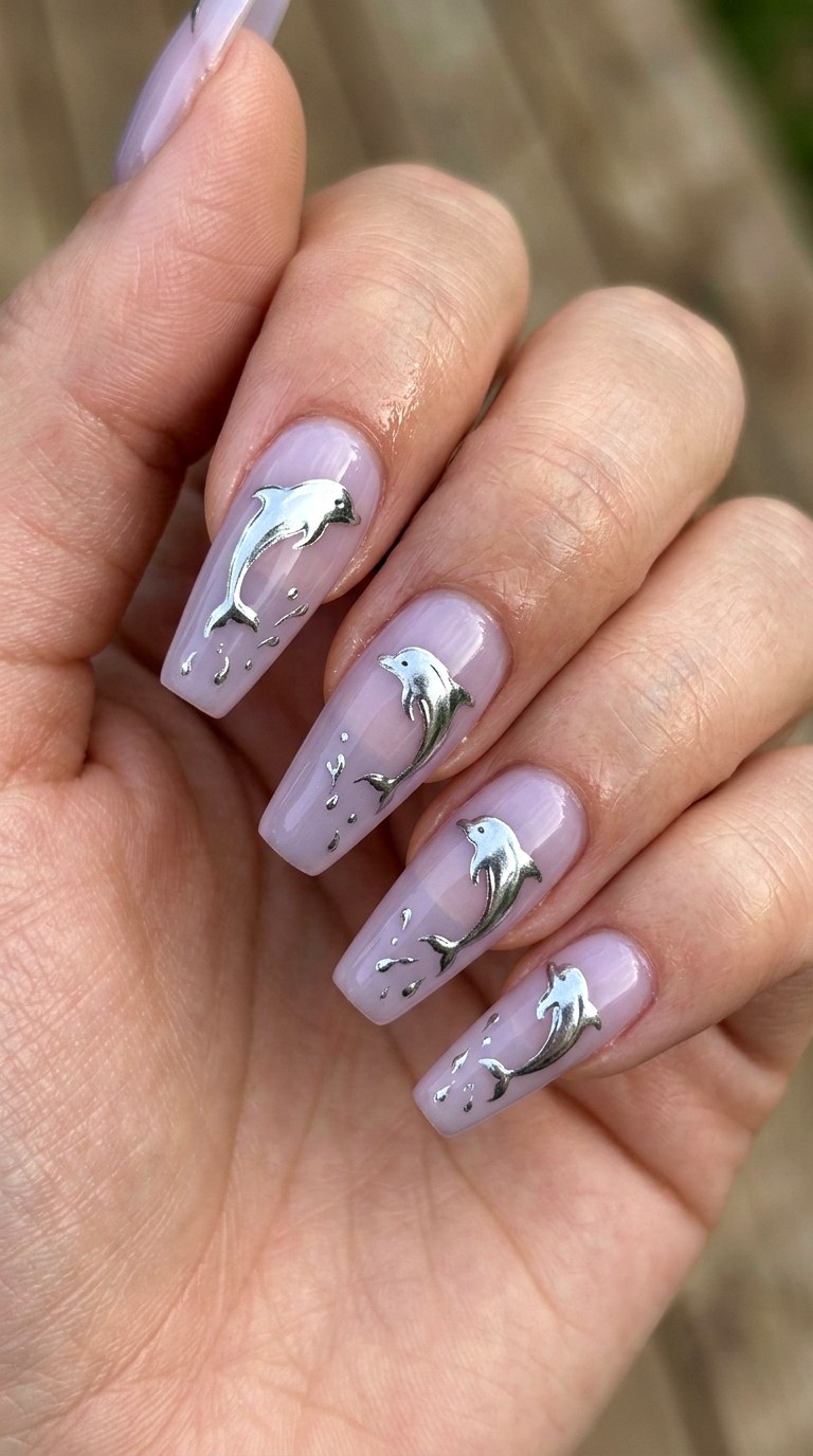Iridescent Dolphin Leaps - 29 Beach Summer Acrylic Nails