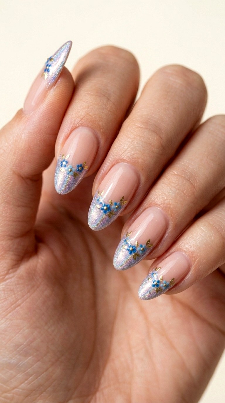 Iridescent Holographic Bloom on Nude Pink - 22 Bright Spring Multicolor Acrylic Nails