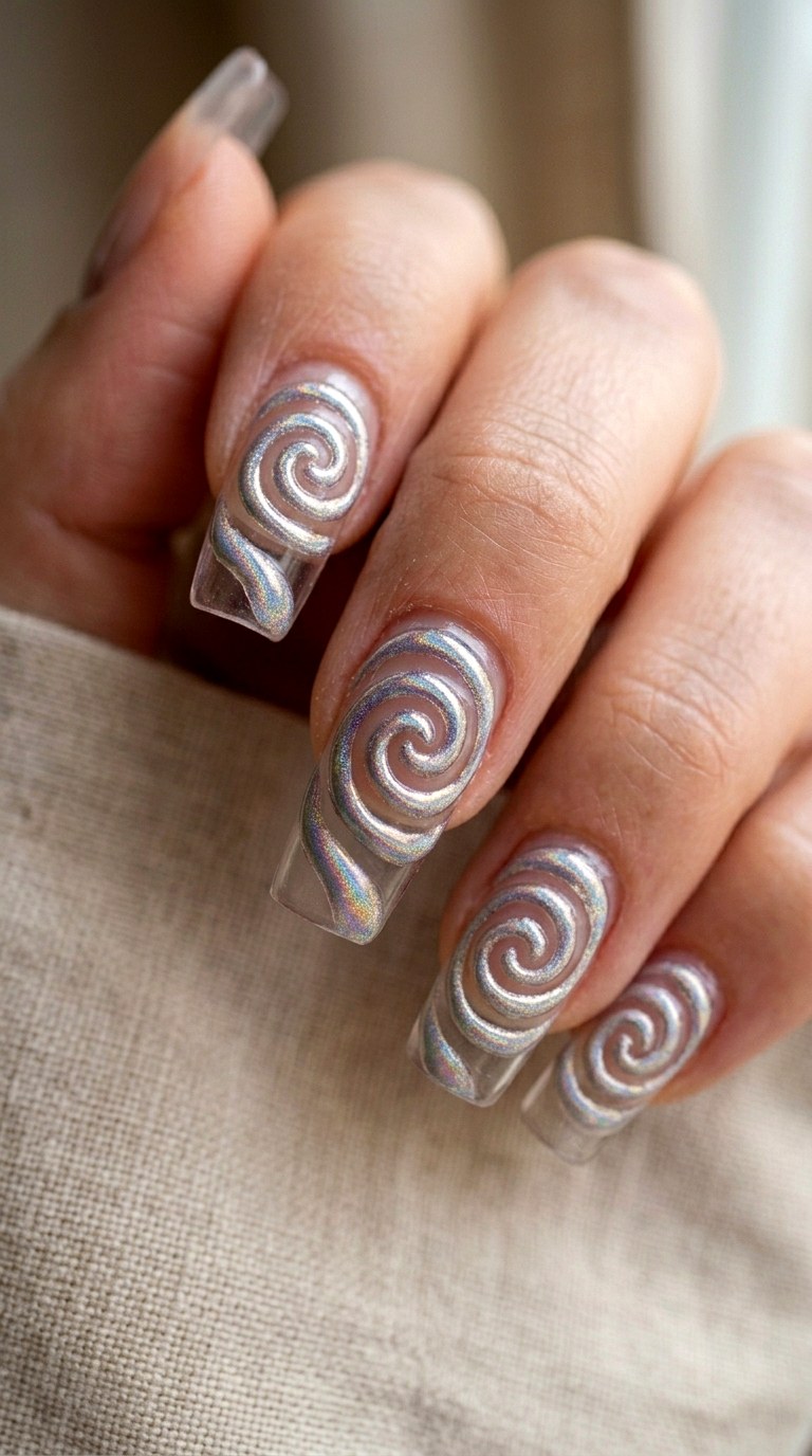 Iridescent Shell Spiral Lines - 29 Fine-Line Spring Acrylic Nails