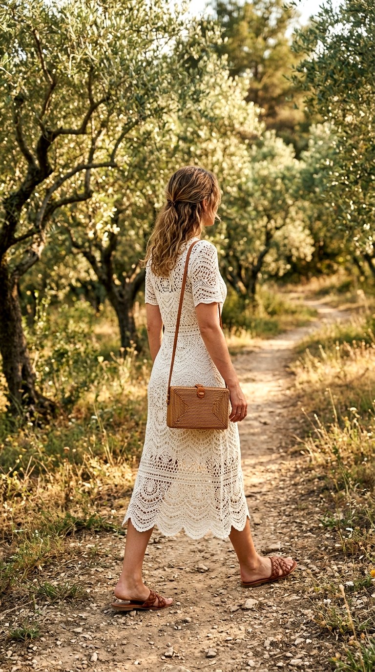 Ivory Crochet Midi Dress with Leather Slides - 23 old money outfits summer