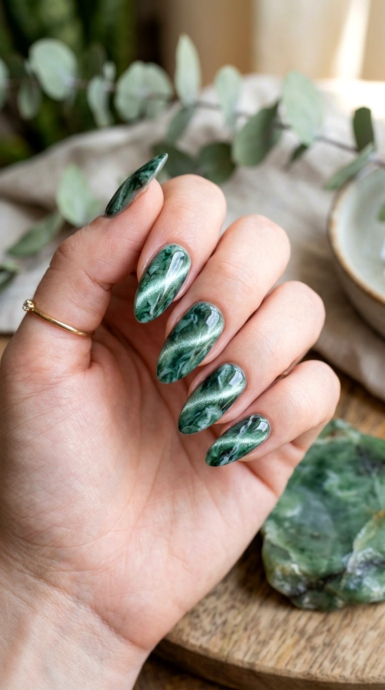 Jade Marble Cat Eye Nails - 23 Summer Soft Green Shimmer Cat Eye Nails Ideas