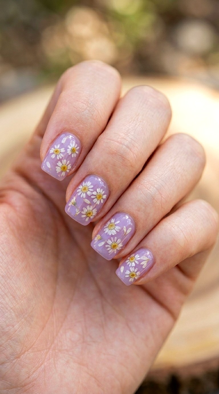 Jelly Finish Embedded Daisies - 26 Floral Spring Acrylic Nails